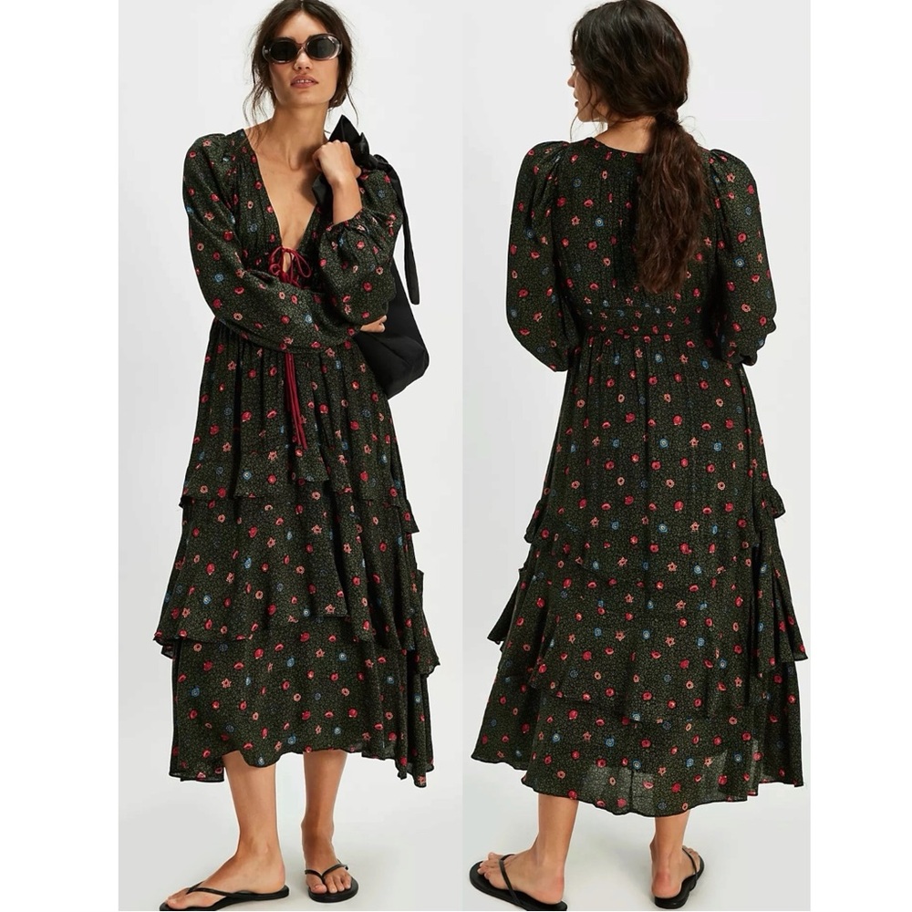 Free People Bohemian Gypsy Tiered Ruffle Maxi Dress Size Medium Witchy Plunge